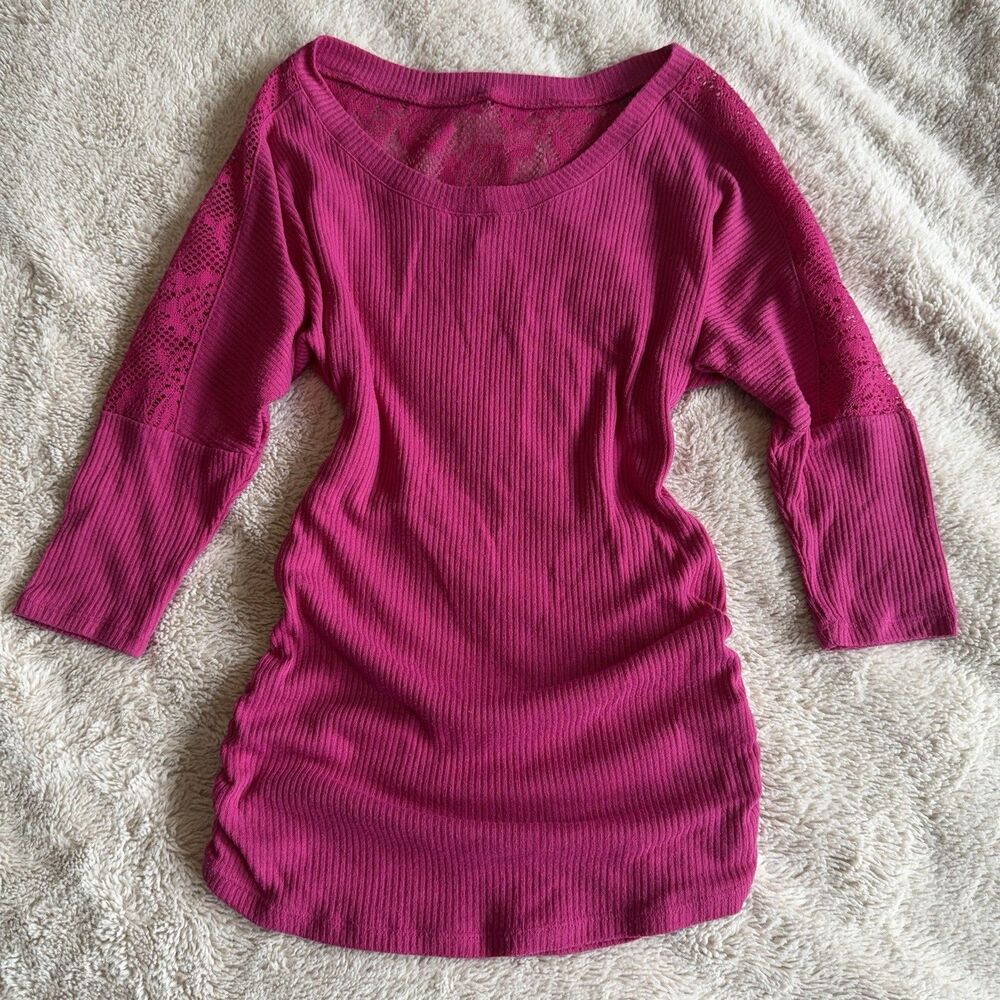 Self Esteem Y2K Pink Ribbed Knit Top Crochet Detail 3/4 Sleeve Size M